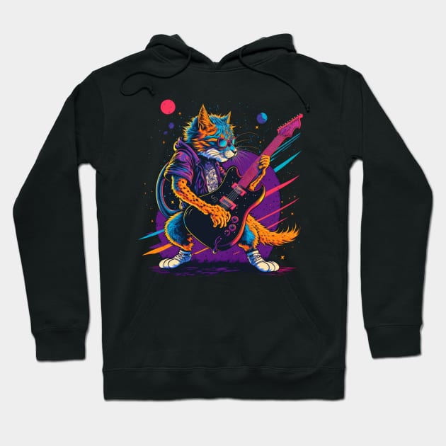 Retrowave Rockstar Cat Hoodie by MitchLudwig